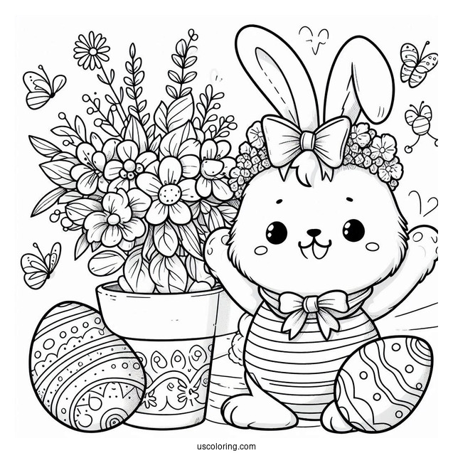Easter Coloring Page Of Happy Easter With Bunny In A Flower Pot