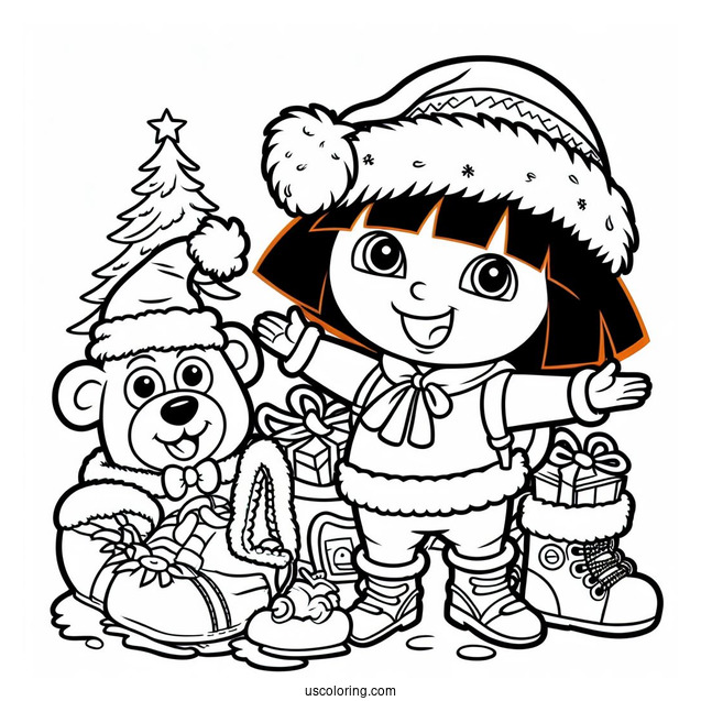 Dora With Boots And Santa Coloring Sheet