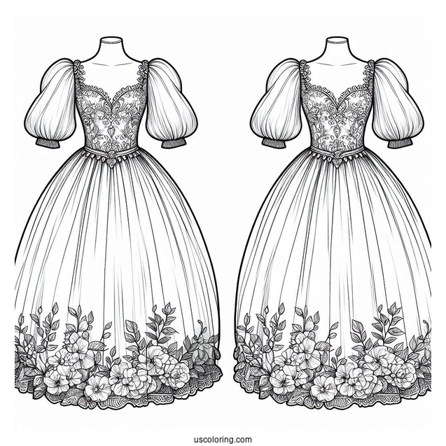 Dress Coloring Page Of Ball Gown With Sheer Puff Sleeves