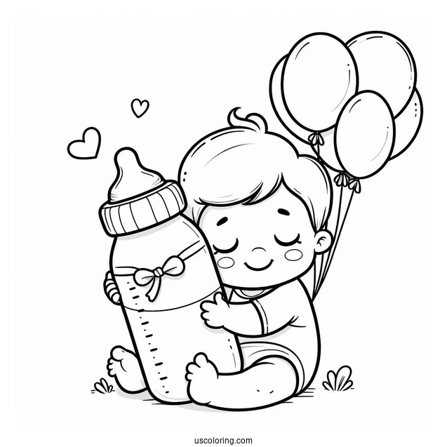 Baby Coloring Page Of Boy Embracing Large Milk Bottle With Balloons