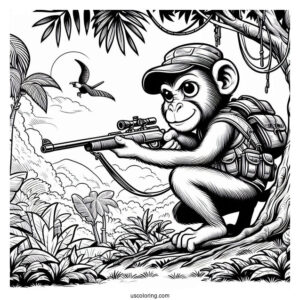 Monkey Creeping Up On Hunter With Gun In Jungle Coloring Page