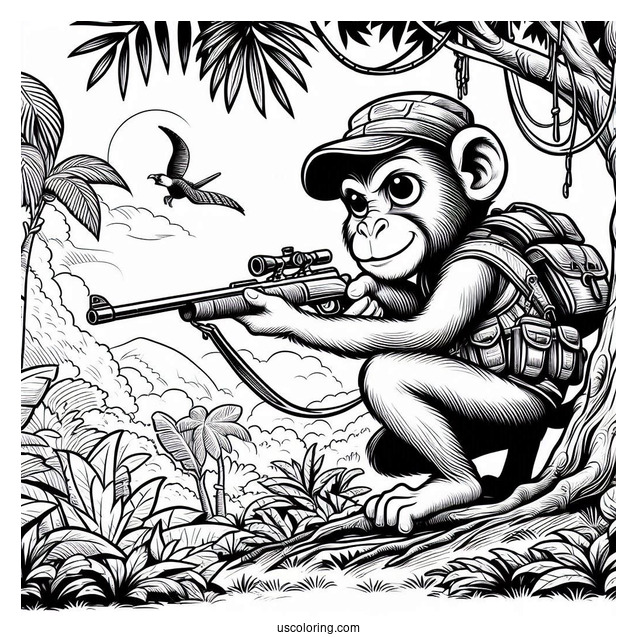 Monkey Creeping Up On Hunter With Gun In Jungle Coloring Page