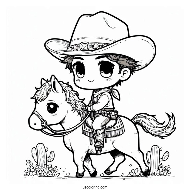 Chibi Coloring Page Cowboy on Horseback