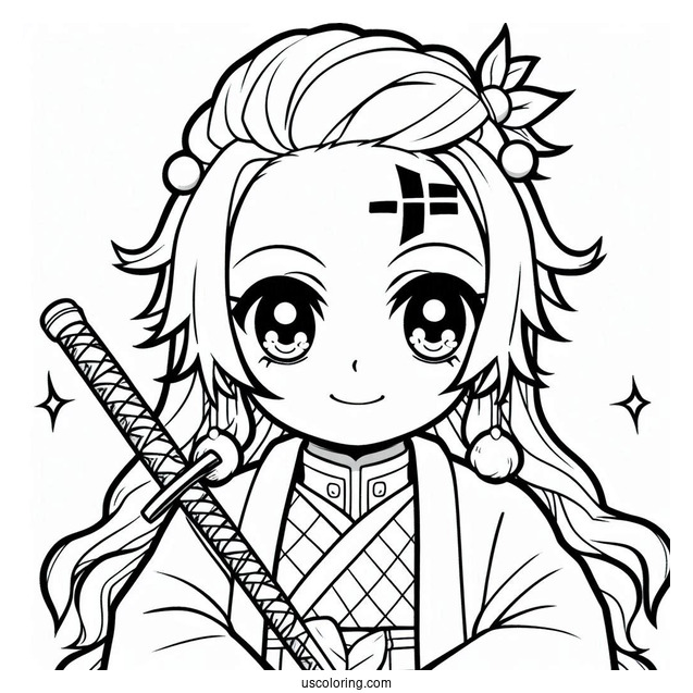Kawaii Tanjiro Coloring Page Using Nichirin Sword For Kids