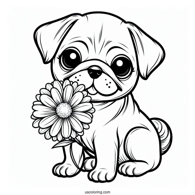 Pug Puppy Holding Flower In Mouth To Color
