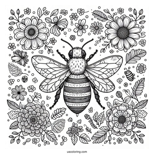 Top View of Bee Coloring Page Surrounded By Flowers