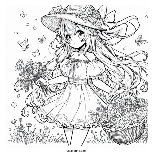 Anime Girl Gathering Flowers In The Summer Coloring Page For Kids