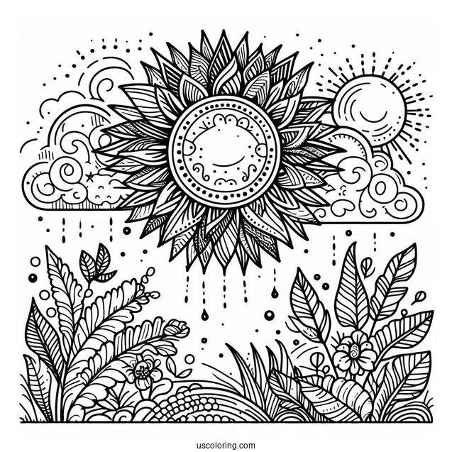 Intricate Sun With Clouds And Vegetation Coloring Page