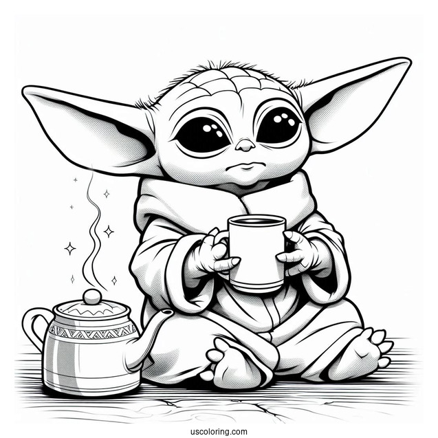 Baby Yoda Drinking Tea To Color