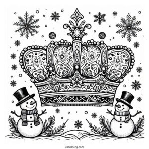 Winter Crown Coloring Page with Snowflakes and Snowmen