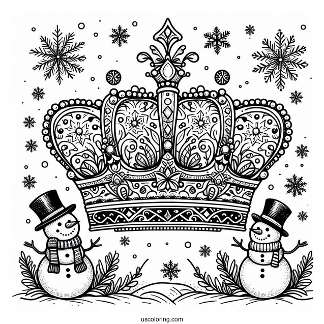 Winter Crown Coloring Page with Snowflakes and Snowmen