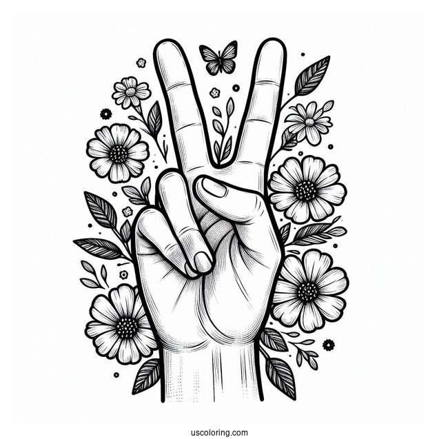 Realistic Hand Making Peace Coloring Page Sign While Covered In Flowers