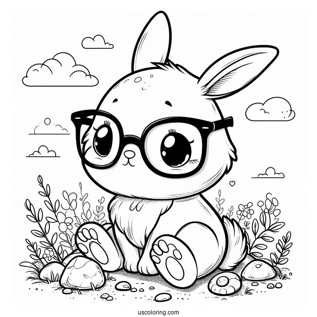 Nerdy Rabbit Coloring Page Sitting On A Rock For Kids