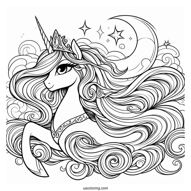 Princess Celestia Coloring Page With Flowing Mane In The Sky