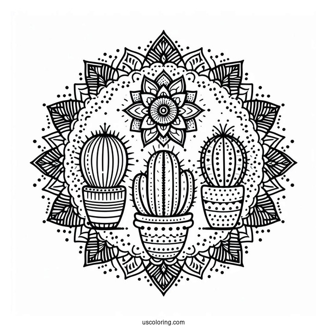 Simple Cactus Mandala Coloring Page For Adults