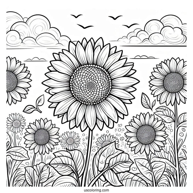Flower Coloring Pages Of Sunflowers In A Field Under The Sun