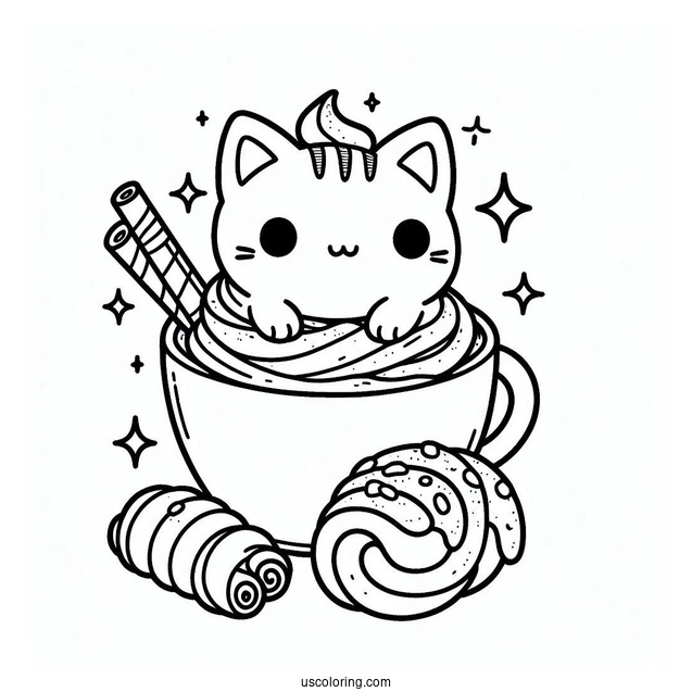 Kawaii Cat In Coffee Coloring Pages Cup With Whipped Cream And Cinnamon Rolls