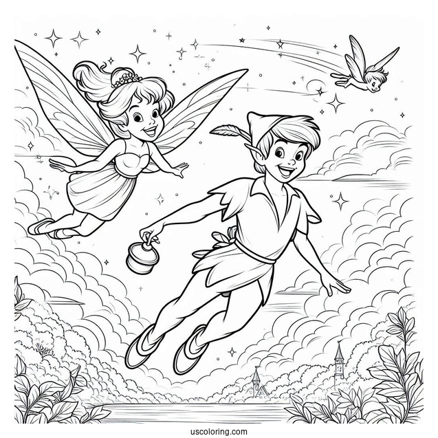 Coloring Sheet Of Peter Pan Flying With Tinker Bell
