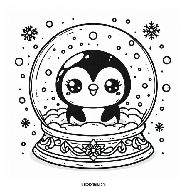 Kawaii Penguin Inside A Snow Globe Coloring Page For Preschoolers