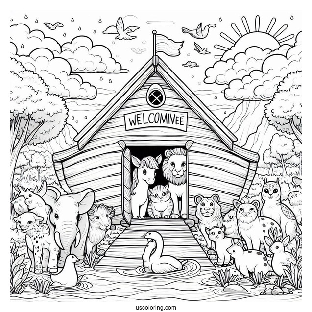 Noah's Ark Coloring Page Welcoming Animals In The Ark