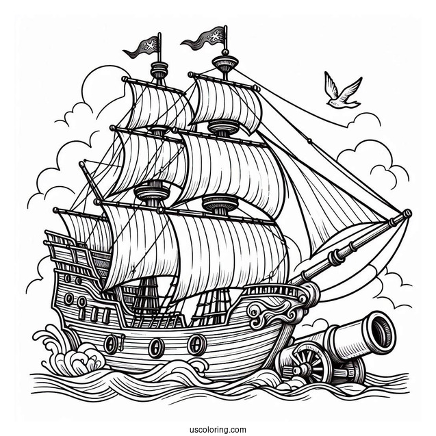 Wooden Pirate Ship With Canon To Color