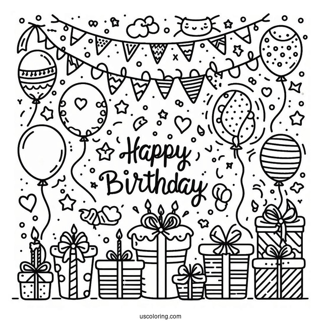 Happy Birthday Balloons Coloring Page