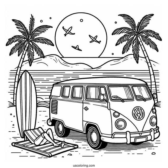 Volkswagen Van With Surfboard Summer Coloring Page