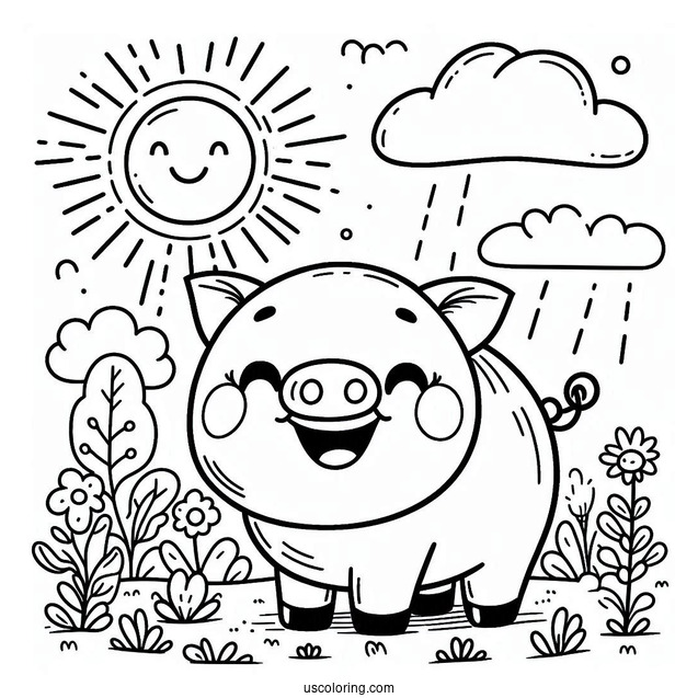 Cute Smiling Pig With a Big Sun