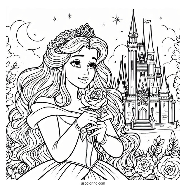 Princess Coloring Page Of Aurora Holding Rose Outside Castle