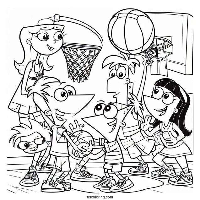 Phineas And Ferb Coloring Page Playing Basketball With Buford, Isabella, Baljeet, Candace, And Perry