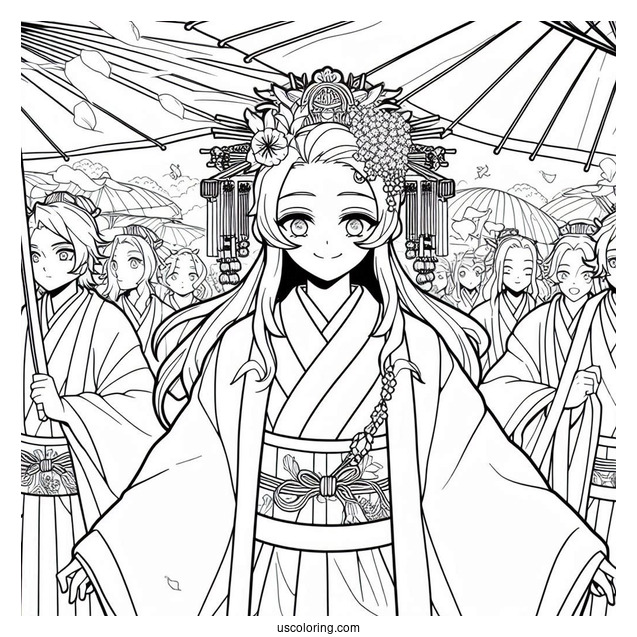 Tanjiro Coloring Page With Nezuko Attending Festival
