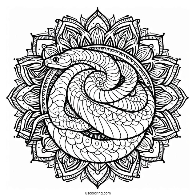 Snake Wrapping Around a Mandala To Color