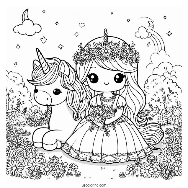 Cute Coloring Page Princess And Unicorn Sitting On A Flower Field
