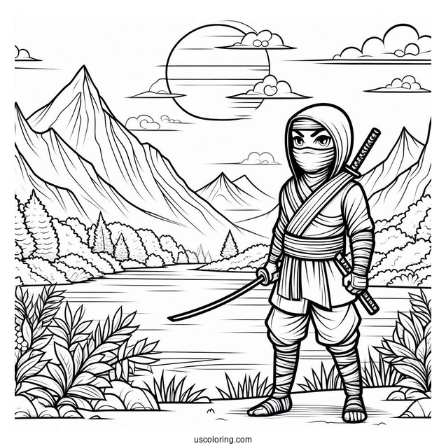 Seasoned Ninja In A Garden With Mountain Landscape