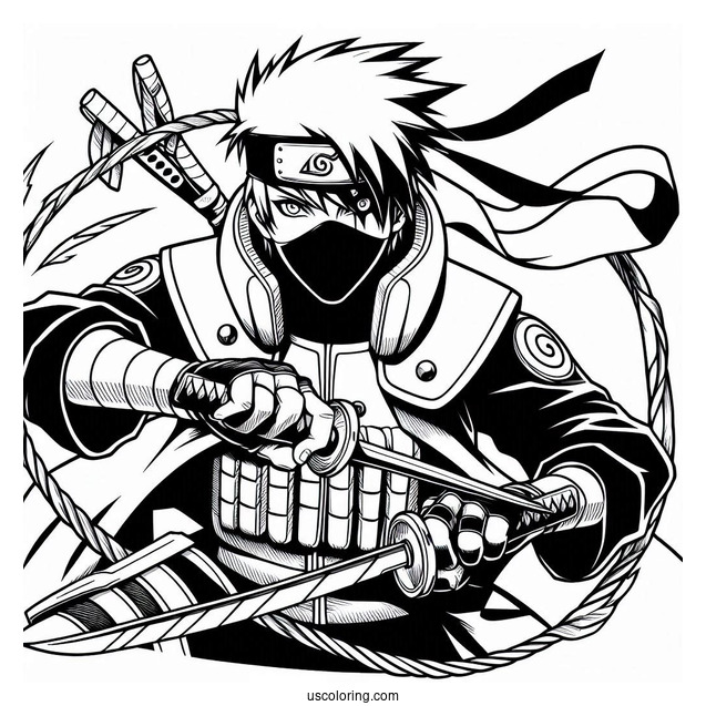 Kakashi Coloring Page Using Kunai And Chidori In Battle