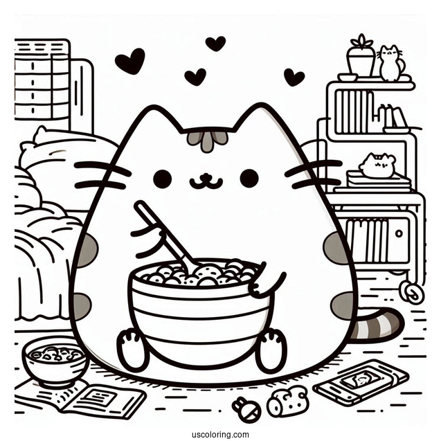 Pusheen Eating And Listening To Music In Bedroom