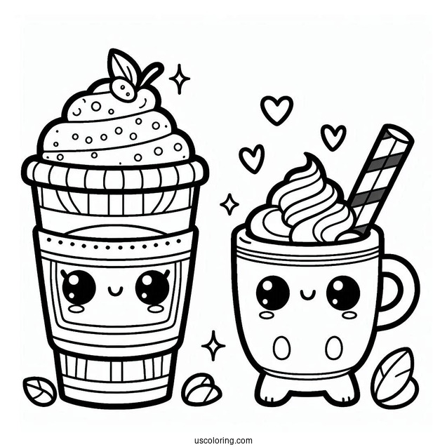 Cute Coffee Coloring Pages Of Cup Next To Cup Of Iced Beverage