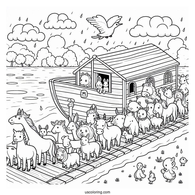 Animals Lining Up To Go To Noah's Ark Coloring Page