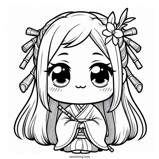 Kawaii Chibi Nezuko Coloring Page Wearing Bamboo