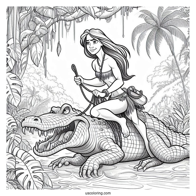 Tarzan Coloring Page And Jane Riding Crocodile In Jungle