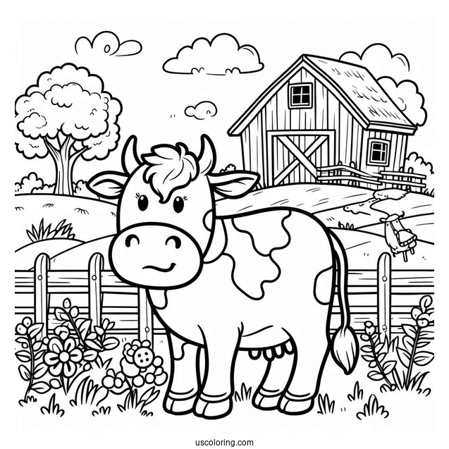 Coloring Sheet Of Cow On a Farm