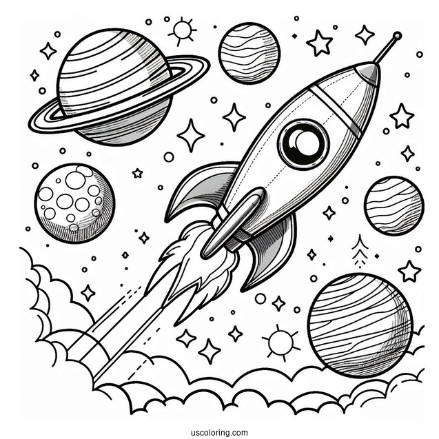 Rocket Taking Off Into Space With Planets To Color