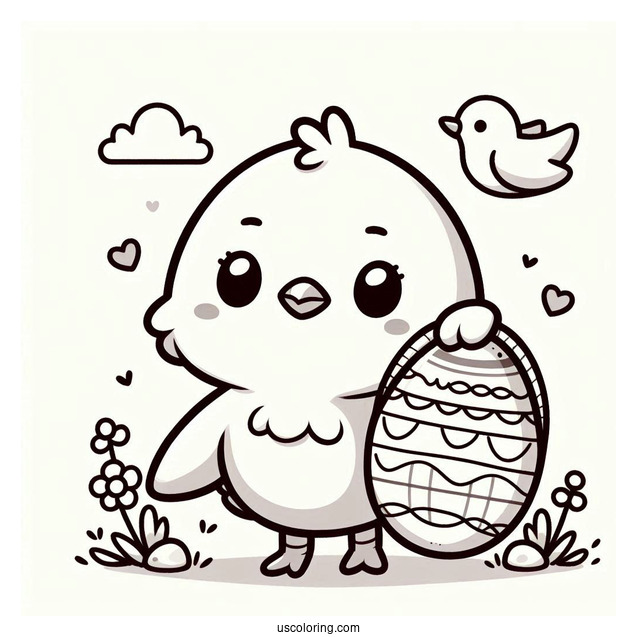 Easter Coloring Page Of Kawaii Chick Holding Easter Egg For Preschoolers