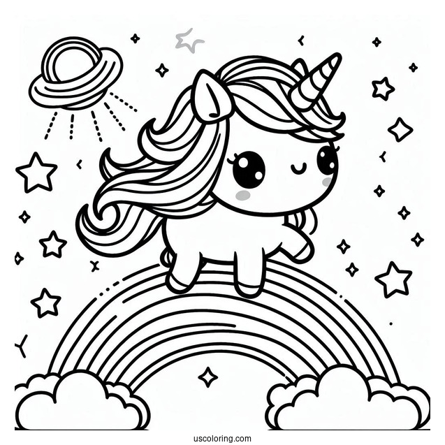 Chibi Coloring Page Unicorn Trotting Across a Rainbow with Sparkling Stars