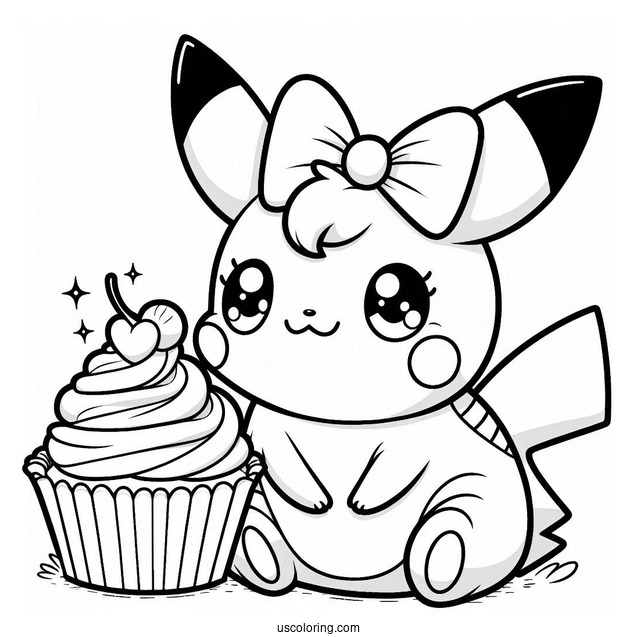 Raichu Coloring Page With Bow And Cupcake For Preschoolers