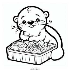 Otter Coloring Page In Bento Box With Cartoon Food