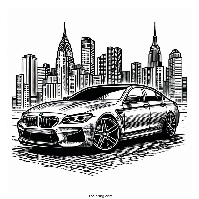 M6 BMW Coloring Page In Front Of Buildings
