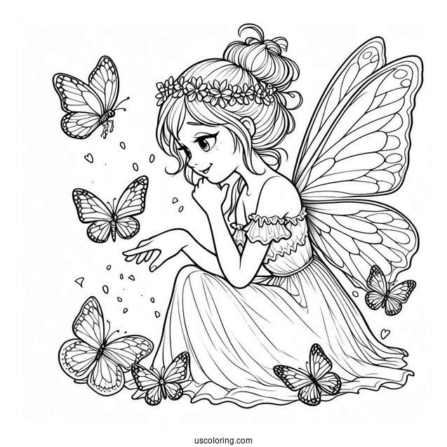 Fairy Playing With Tiny Butterflies Coloring Page