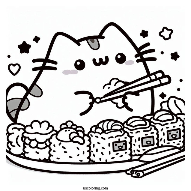 Kawaii Pusheen Eating Sushi Coloring Page