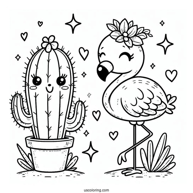 Kawaii Cactus And Flamingo To Color